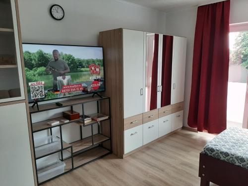 a bedroom with a flat screen tv in a cabinet at Ferienwohnung Michelle in Bremerhaven