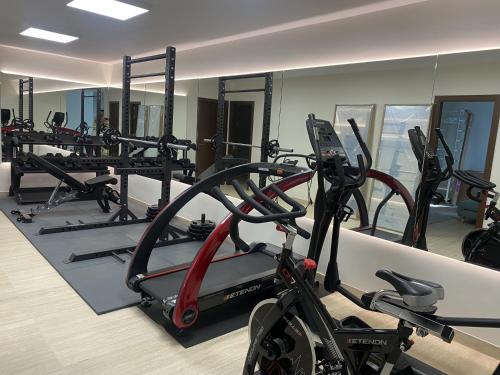 a gym with several tread machines and a mirror at Villa Cristina in Nerja