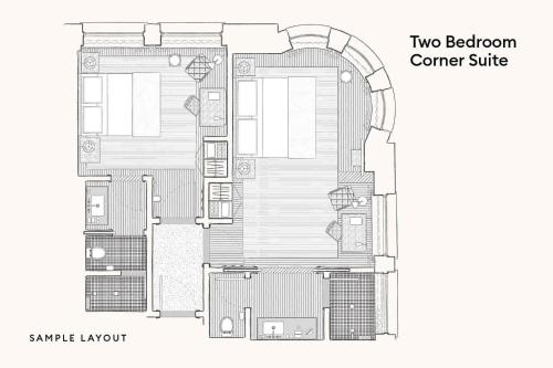 a floor plan of a two bedroom corner suite at Nine Orchard in New York