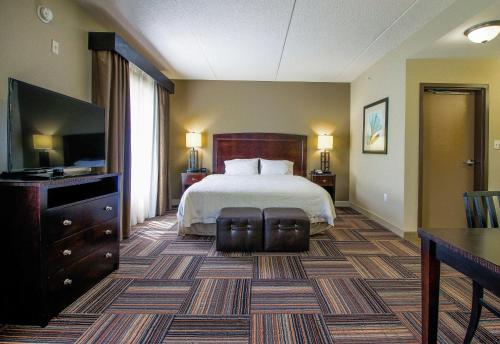 Hampton Inn & Suites Flowery Branch في Flowery Branch: غرفة فندقية بسرير وتلفزيون بشاشة مسطحة