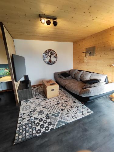 a room with a bed and a television in it at Superbe appartement neuf avec terrasse in Orchamps-Vennes
