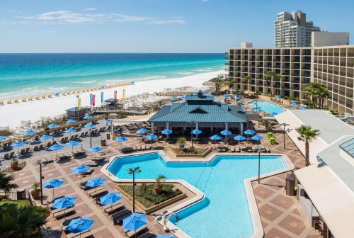 an aerial view of the pool and beach at the resort at Hilton Sandestin Beach Golf Resort & Spa in Destin