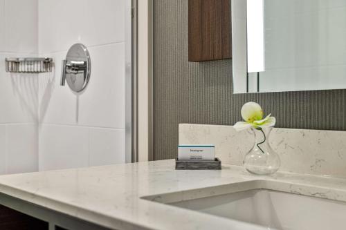 a vase with a flower in it on a kitchen counter at Hilton Garden Inn New Orleans French Quarter/CBD in New Orleans