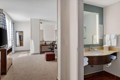 a bathroom with a sink and a large mirror at Hilton Garden Inn New Orleans French Quarter/CBD in New Orleans