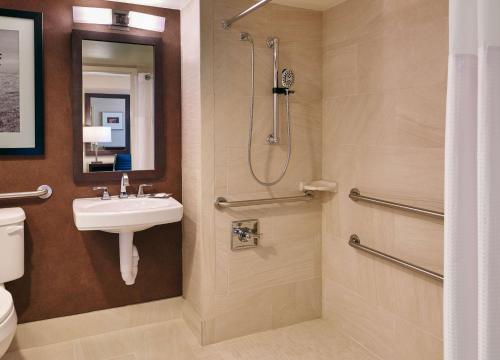 サンアントニオにあるDoubleTree by Hilton San Antonio Airportの洗面台とシャワー付きのバスルーム