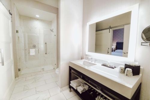 a bathroom with a sink and a mirror and a shower at Embassy Suites Louisville Downtown in Louisville