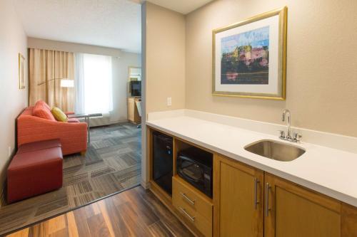 a bathroom with a sink and a living room at Hampton Inn - Palatka in Palatka