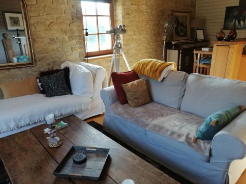 a living room with two couches and a coffee table at Le Gite Du Breux Face Semois Chassepierre au 2 ème étage in Chassepierre