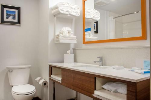 a bathroom with a toilet and a sink and a mirror at Hampton Inn Parker, AZ in Parker