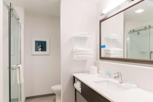 La salle de bains blanche est pourvue d'un lavabo et d'un miroir. dans l'établissement Hampton Inn & Suites Indianapolis-Keystone, IN, à Indianapolis