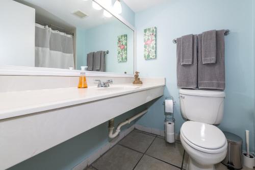y baño con aseo, lavabo y espejo. en Direct Oceanfront Private Balcony Tiki King bed, en Daytona Beach