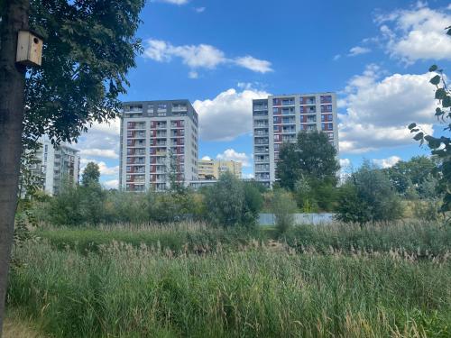 two tall buildings in a city with tall grass at Apartament City Warszawa in Warsaw