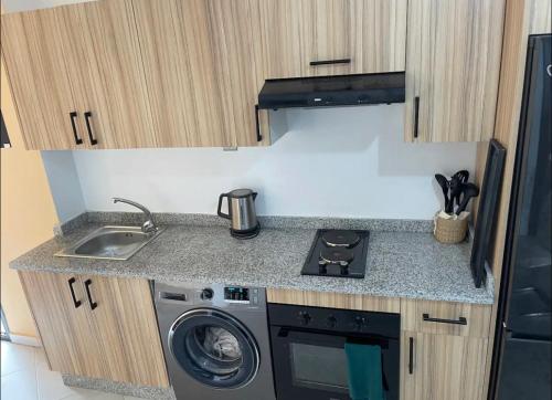 kuchnia ze zlewem i pralką w obiekcie Cozy appartement w mieście LAl-Ara’isz