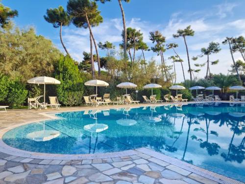 una piscina con sedie e ombrelloni di Hotel Villa Elsa a Marina di Massa