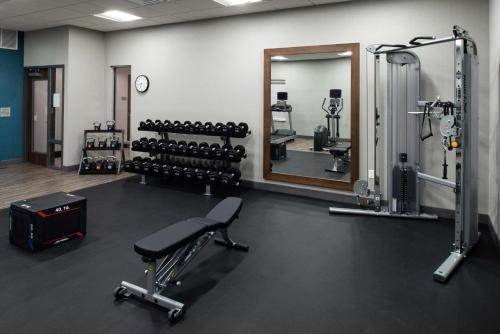 a gym with a mirror and a bench and weights at Hampton Inn & Suites Adrian, Mi in Adrian