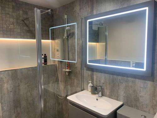 a bathroom with a sink and a shower with a mirror at Comfortable ground floor, 2 BR modern Apartment in Broadheath