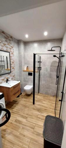 a bathroom with a shower and a toilet and a sink at Apartament z tarasem Kutno in Kutno
