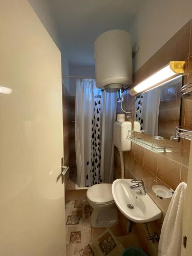 a bathroom with a sink and a toilet and a shower at Rooms Krstinić 84 in Palit