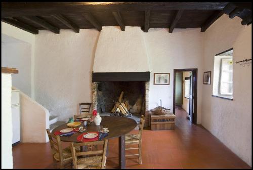 a living room with a table and a fireplace at Agriturismo Famiglia al Castello Di Bagnolo in Bagnolo Piemonte