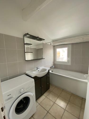 ein Badezimmer mit einer Waschmaschine und einem Waschbecken in der Unterkunft Duplex de charme avec terrasses in Nîmes