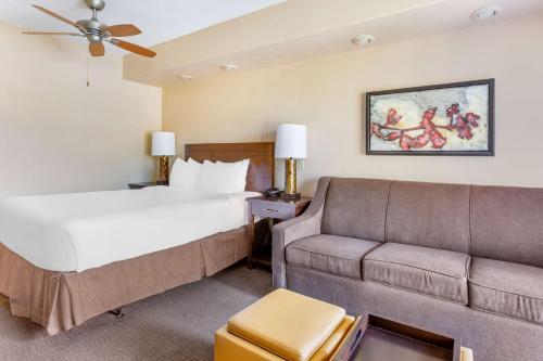 Hilton Vacation Club Ridge on Sedona في سيدونا: غرفه فندقيه بسرير واريكه