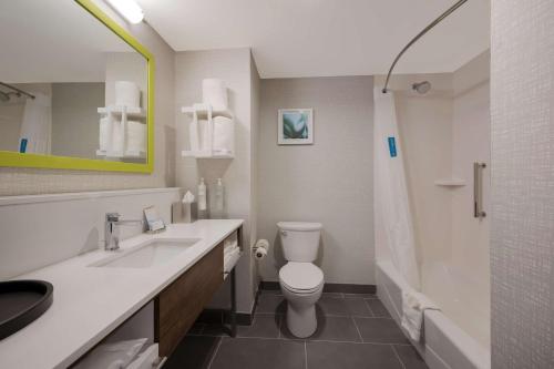 a bathroom with a toilet and a sink and a shower at Hampton Inn by Hilton Detroit Southfield in Southfield