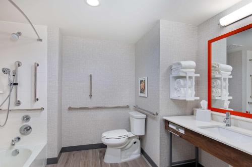 uma casa de banho com um WC, um lavatório e um chuveiro em Hampton Inn Albertville, Al em Albertville