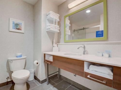 a bathroom with a toilet and a sink and a mirror at Hampton Inn & Suites Williamstown Ark Encounter, Ky in Williamstown