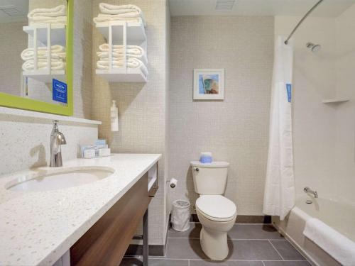 a bathroom with a toilet and a sink and a tub at Hampton Inn & Suites Williamstown Ark Encounter, Ky in Williamstown
