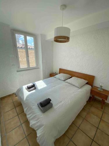 une chambre avec un grand lit blanc avec une fenêtre dans l'établissement Appartement 2 pièces de charme climatisé, à Nîmes