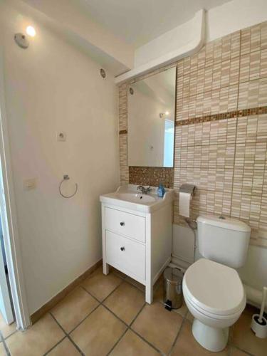 une salle de bain avec des toilettes blanches et un lavabo dans l'établissement Appartement 2 pièces de charme climatisé, à Nîmes