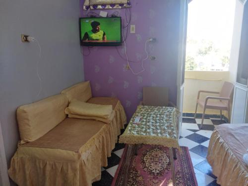 a room with a couch and a tv on a wall at Hamody Nubian Guest House in Aswan