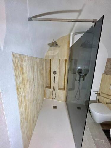 a small bathroom with a toilet and a glass wall at Greta’s suite & private spa in Perinaldo