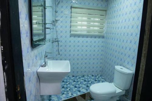 Łazienka z białą toaletą i umywalką w obiekcie Holly House w mieście Oshien