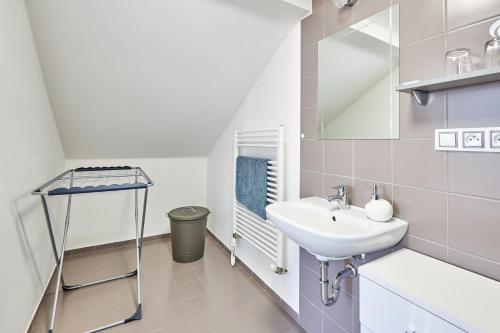 La salle de bains blanche est pourvue d'un lavabo et d'un miroir. dans l'établissement Villa Gap apartments, à Český Krumlov