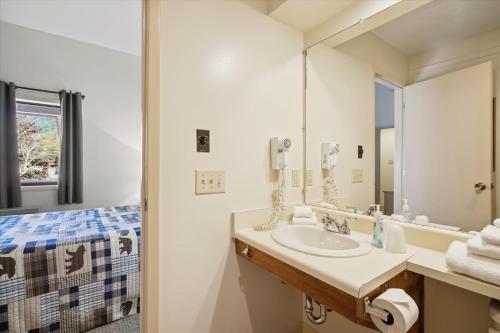 キリングトンにあるCedarbrook Deluxe Two Bedroom Suite with outdoor heated pool 21202のバスルーム(洗面台、鏡付)