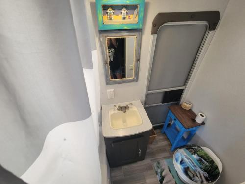 a small bathroom with a sink and a mirror at The Driftwood Oasis in West Palm Beach