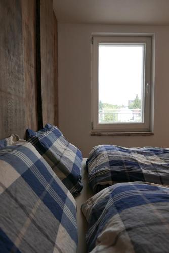 two pillows on a bed in a room with a window at Casa Meloni in Bad Sachsa