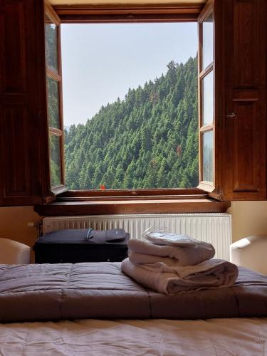 a bed in a room with a large window at Villa Korfes-Κορφές Τριώροφη Βίλα για Οικογένειες και Παρέες in Karpenision