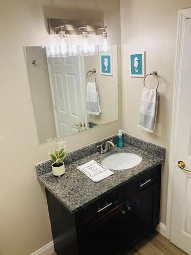 a bathroom with a sink and a mirror at Pensa-Cozy Downtown bungalow, w/ backyard oasis! in Pensacola