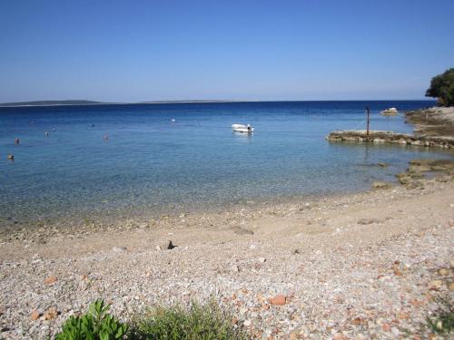 a beach with a boat in the water at Apartment Lumanera Stivan in Štivan