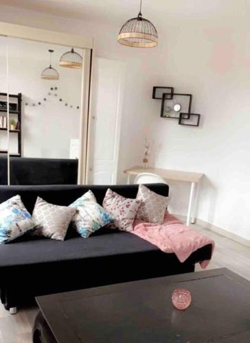 sala de estar con sofá negro con almohadas en Location duplex tout confort, en Erquinghem-Lys