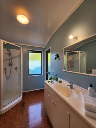 a bathroom with a large sink and a shower at Seven Island View in Hahei