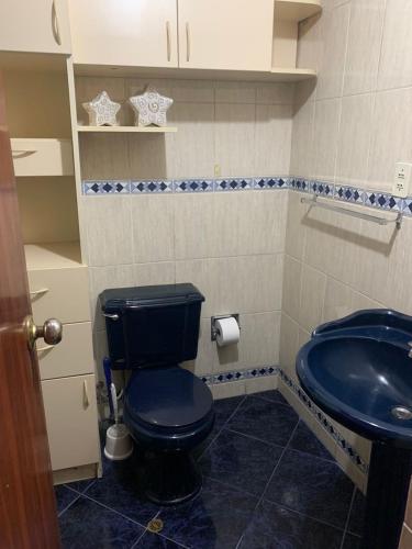 a bathroom with a blue toilet and a sink at Perumin casa in Paucarpata