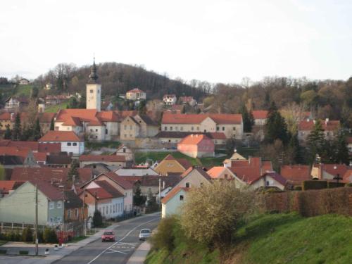 a town with houses and a road and a church at Family friendly house with a swimming pool Varazdinske Toplice, Zagorje - 21750 in Varaždinske Toplice