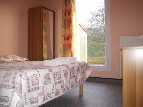 een slaapkamer met een bed en een raam bij le moulin in Le Monastier sur Gazeille