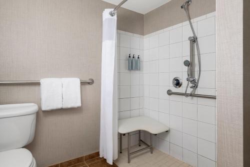 a bathroom with a shower with a toilet and a stool at Residence Inn Mt. Laurel at Bishop's Gate in Mount Laurel