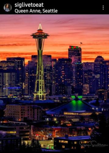 a view of a city with a seattle skyline at sunset at Alki Beach Cottage, NEW, 2 bedrooms, 2 bathrooms, near beach, AC, WD, Parking in Seattle