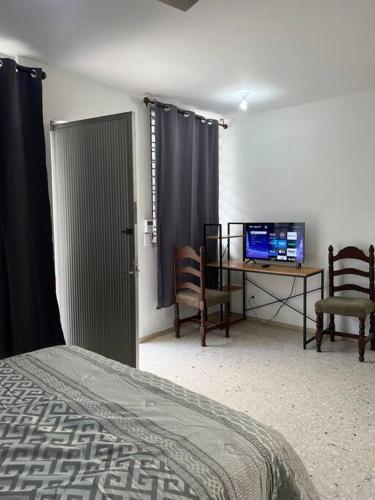 Schlafzimmer mit einem Bett, einem Schreibtisch und einem TV in der Unterkunft Cómodo Departamento en Providencia in Guadalajara