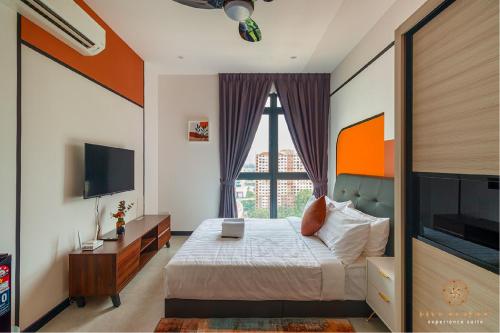 a bedroom with a bed and a large window at Neu Suites Residence KLCC, Five Senses in Kuala Lumpur